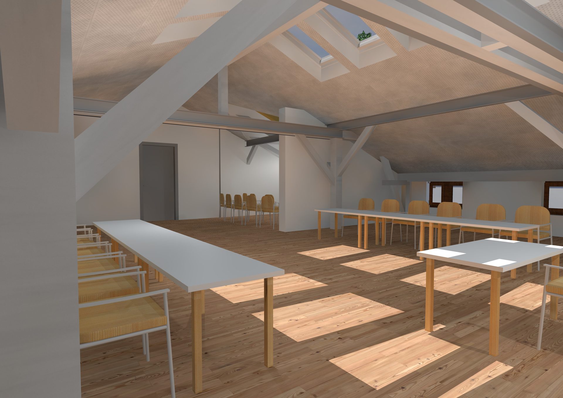 Visualisierung des Sitzungssaals im Dachgeschoss mit sichtbarem Holztragwerk