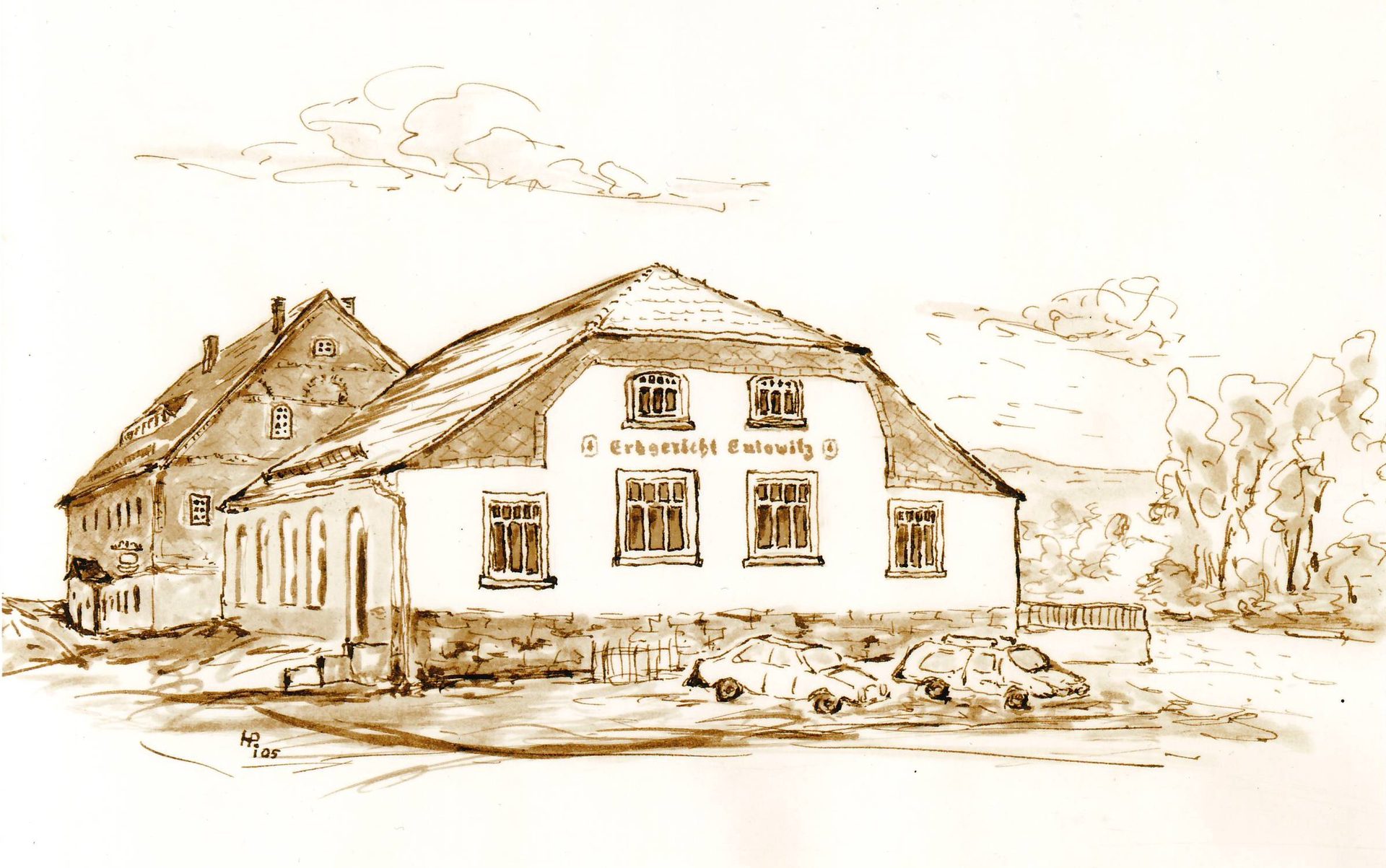 Architekturzeichnung des Gasthofs Erbgericht Eulowitz von der Dorfstraße