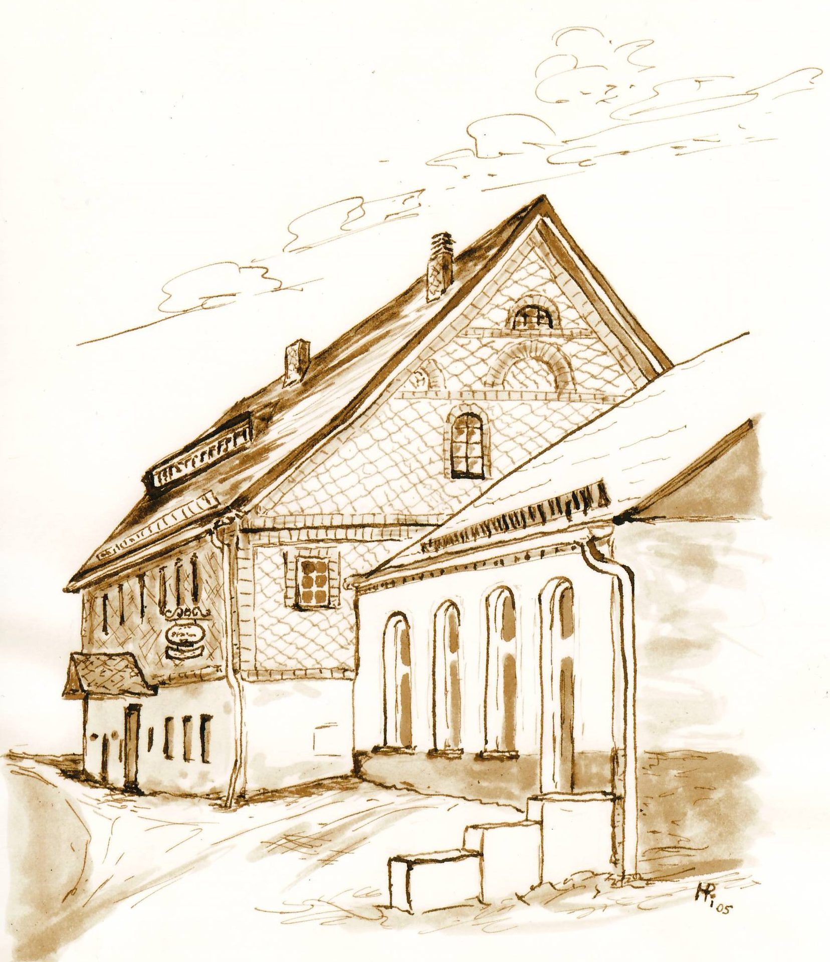 Architekturzeichnung der Giebelseite des Erbgerichts mit Fensterreihen des Saals