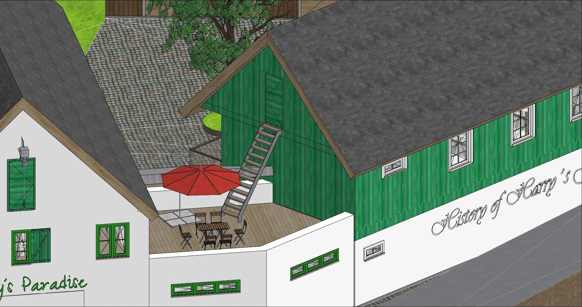 Visualisierung der Stiege zum Hostel im Dachspitz mit Terrasse im Hof