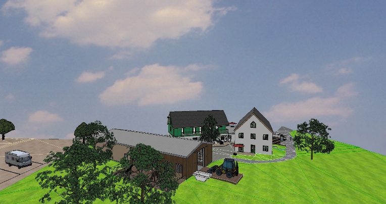 Entwurfsvisualisierung des Ensembles mit Wohnhaus, Scheune und Pferdestall (Beiersdorf)