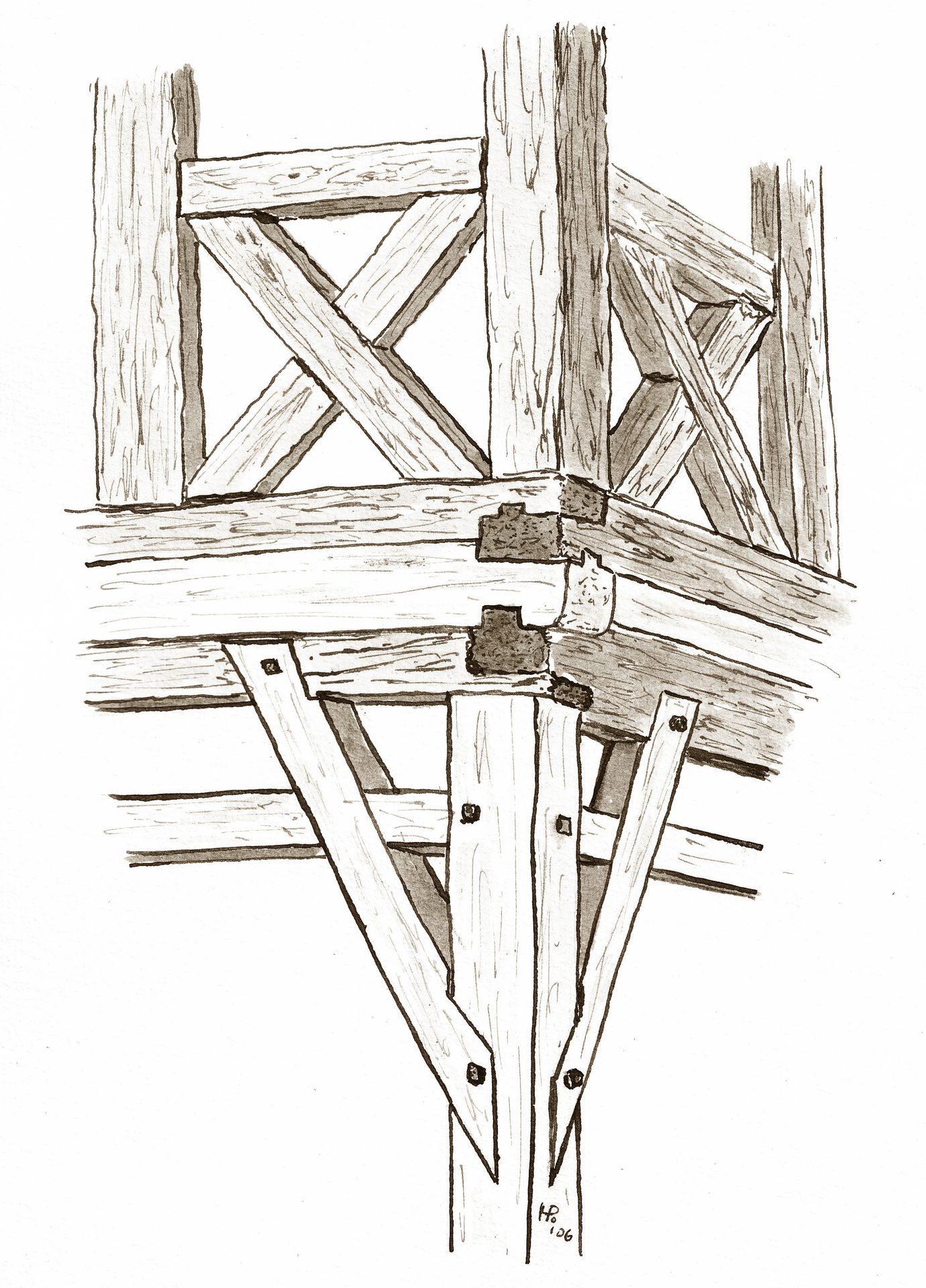Detailzeichnung der Andreaskreuze im Fachwerk des Umgebindehauses