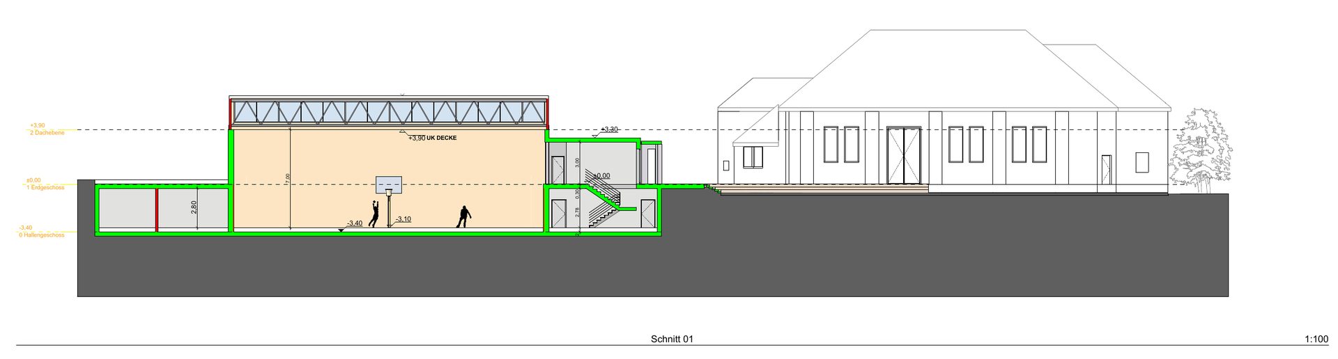 Schnitt durch die abgesenkte neue Halle mit der alten Turnhalle rechts