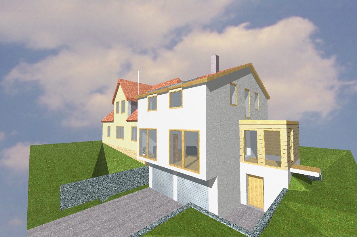 Standbild aus einer 3D-Animation: Wohnhaus-Entwurf mit Garten, aus unserem Büro