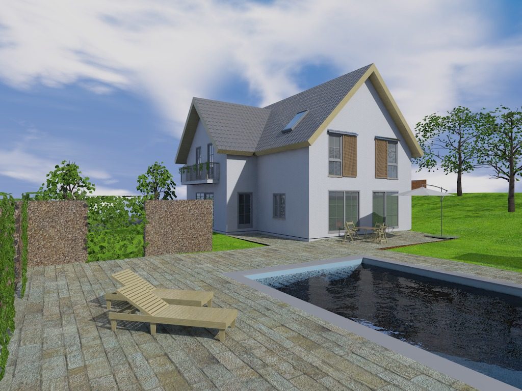 Fotorealistische Visualisierung eines Einfamilienhauses mit Garten